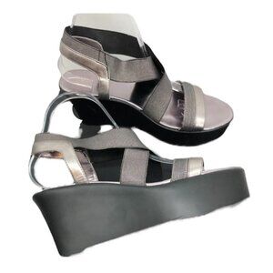 Via Uno Silver metallic  crossed ankle wrap platform wedge sandals size 9